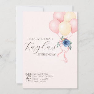 Elegant pink floral balloon first birthday invitation
