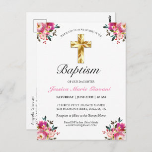 Elégant PInk Floral Baptism Invitation Carte posta