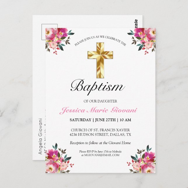 Elegant PInk Floral Baptism Invitation Postcard (Front/Back)