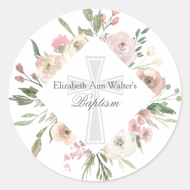 Elegant Pink Floral Baptism Religious Cross Custom Classic Round Sticker (Front)