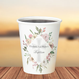Elegant Pink Floral Baptism Religious Custom Party Paper Cups