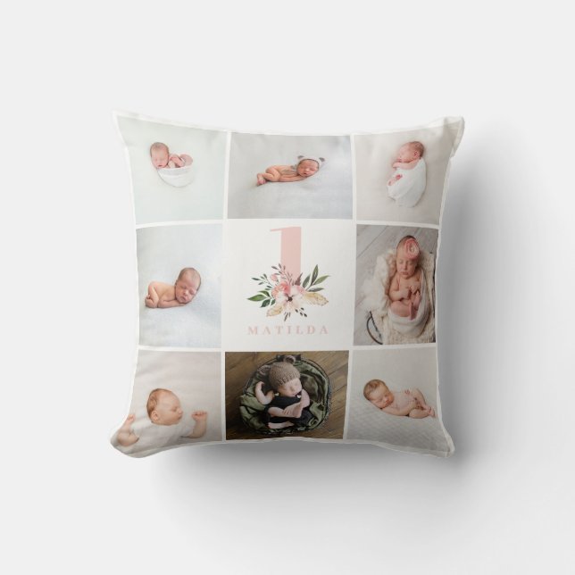 elegant pink floral birthday multi photo throw pillow (Front)