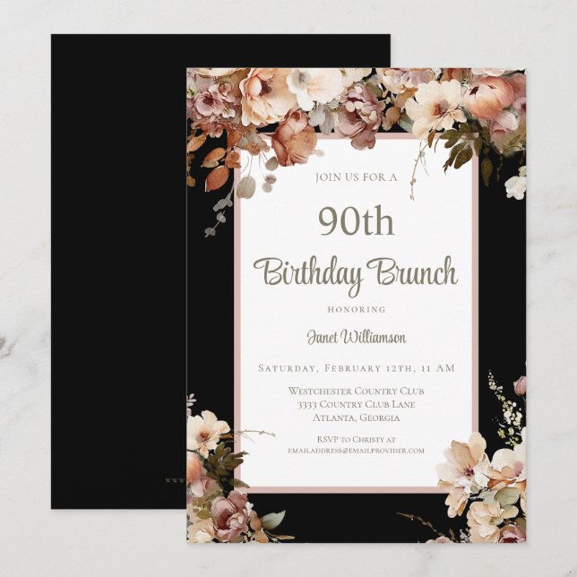 Elegant Pink Floral Black 90th Birthday Brunch Invitation (Front/Back)