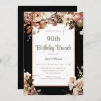 Elegant Pink Floral Black 90th Birthday Brunch