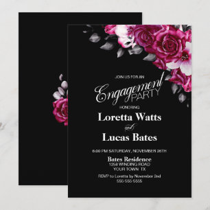 Elegant Pink Floral Black Engagement Party Invitation