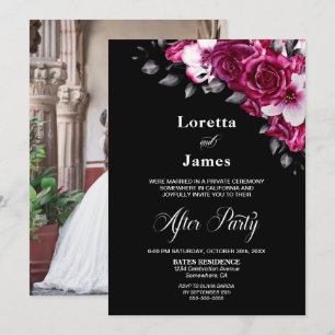 Elegant Pink Floral Black Wedding Reception Invitation