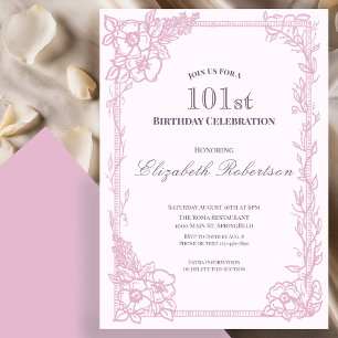 Elegant Pink Floral Border Women's 101st Birthday Invitation
