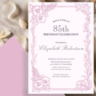 Elegant Pink Floral Border Women's 85th Birthday Invitation