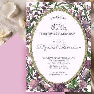 Elegant Pink Floral Border Women's 87th Birthday Invitation