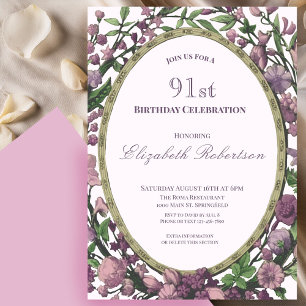 Elegant Pink Floral Border Women's 91st Birthday Invitation