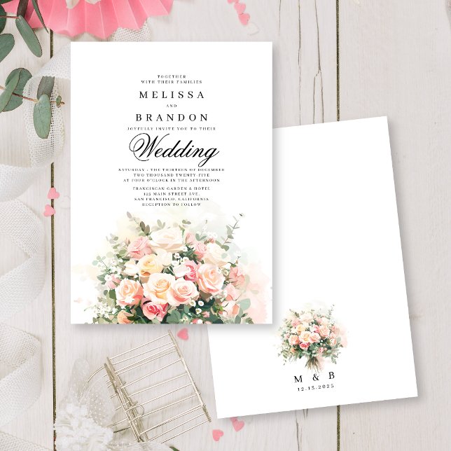 Elegant Pink Floral Bouquet Monogram Wedding Invitation (Creator Uploaded)