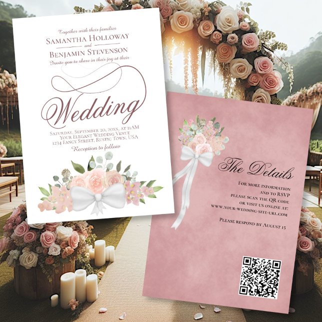 Elegant Pink Floral Bouquet QR Code Wedding Invitation (Creator Uploaded)
