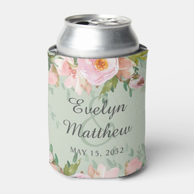Elegant Pink Floral Bouquet Sage Green Wedding Can Cooler (Can Front)
