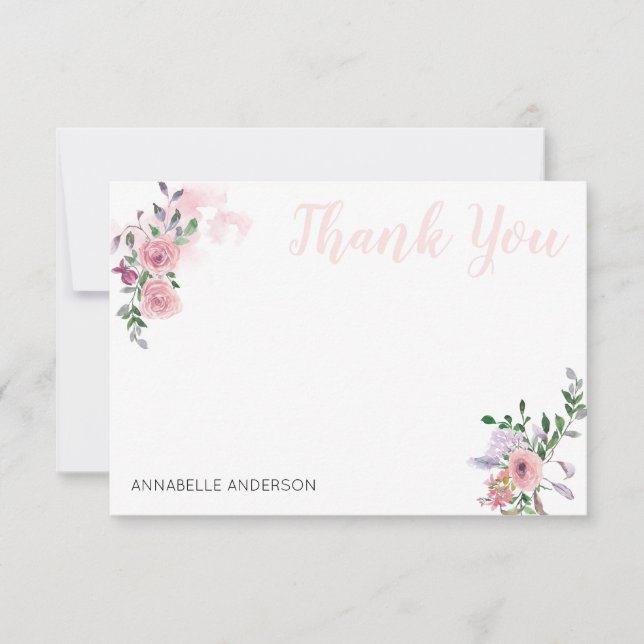 Elegant Pink Floral Bouquet Watercolor Thank You Card (Front)