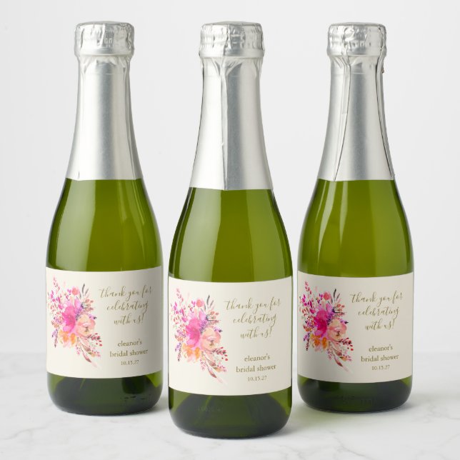 Elegant Pink Floral Bridal Shower Custom Thank You Sparkling Wine Label (Bottles)