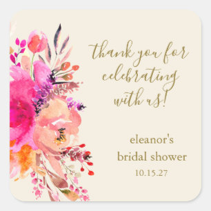 Elegant Pink Floral Bridal Shower Custom Thank You Square Sticker