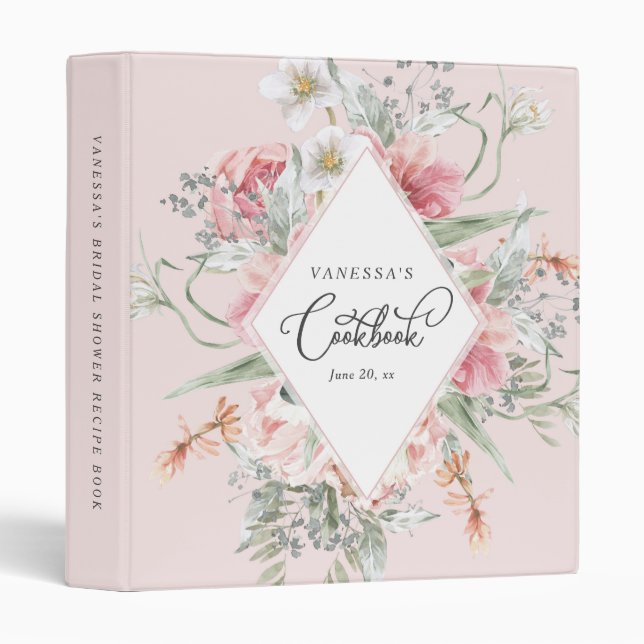 elegant pink floral bridal shower recipe book  binder (Front/Spine)