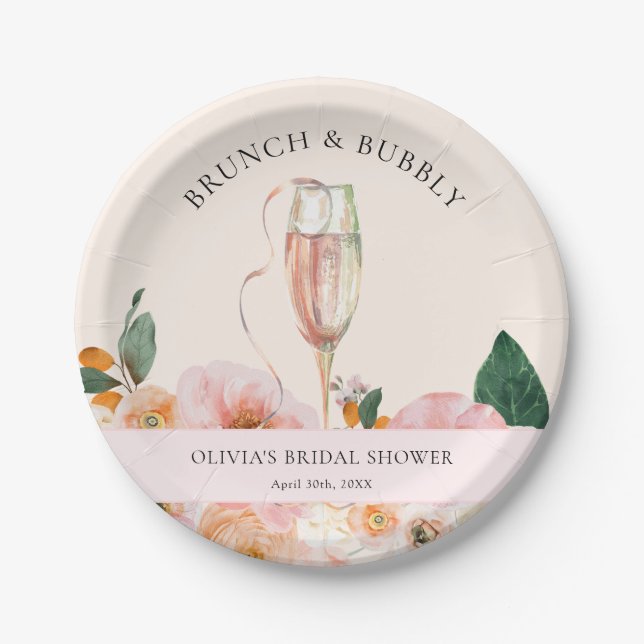 Elegant Pink Floral Brunch & Bubbly Bridal Shower Paper Plate (Front)