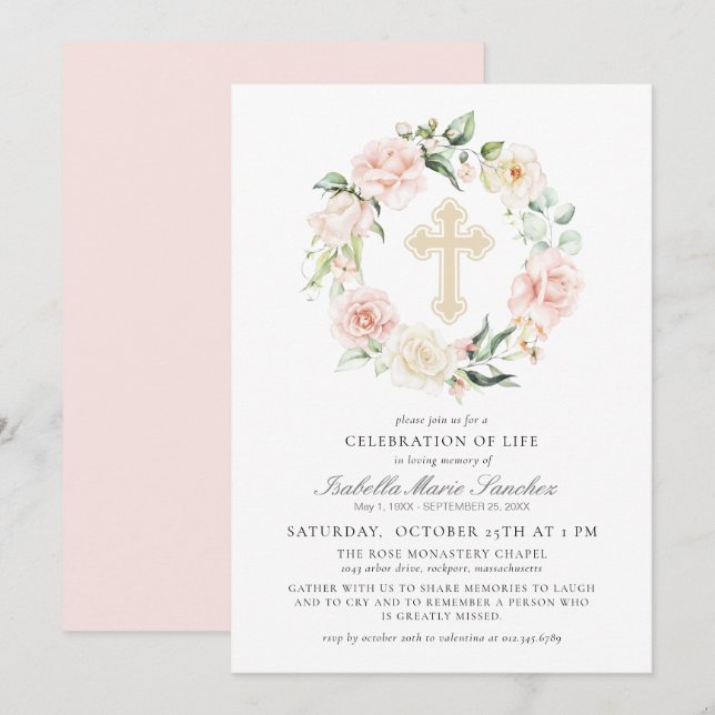 Elegant Pink Floral Celebration of Life Funeral Invitation (Front/Back)