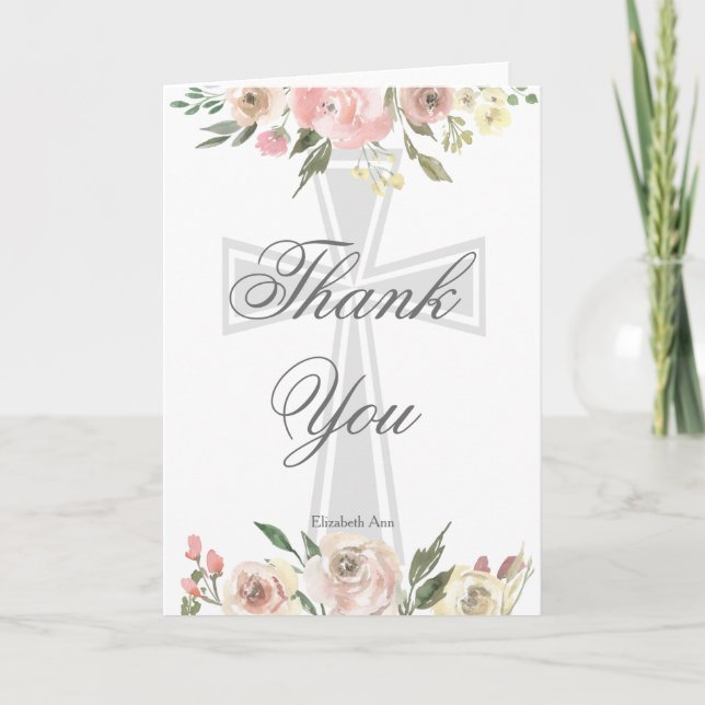 Elegant Pink Floral Christian Confirmation Custom Thank You Card (Front)