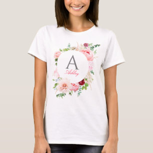 Elegant Pink Floral Circle Frame Name Monogram T-Shirt