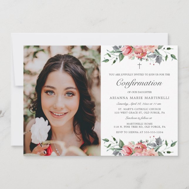 Elegant Pink Floral Confirmation for Girls Photo Invitation (Front)