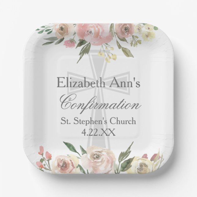 Elegant Pink Floral Confirmation Party Custom Paper Plate (Front)