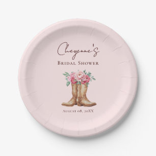 Elegant Pink Floral Cowgirl Bridal Shower  Paper Plate