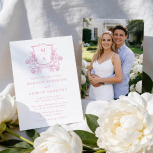 Elegant Pink Floral Crest Monogram Photo Wedding Invitation