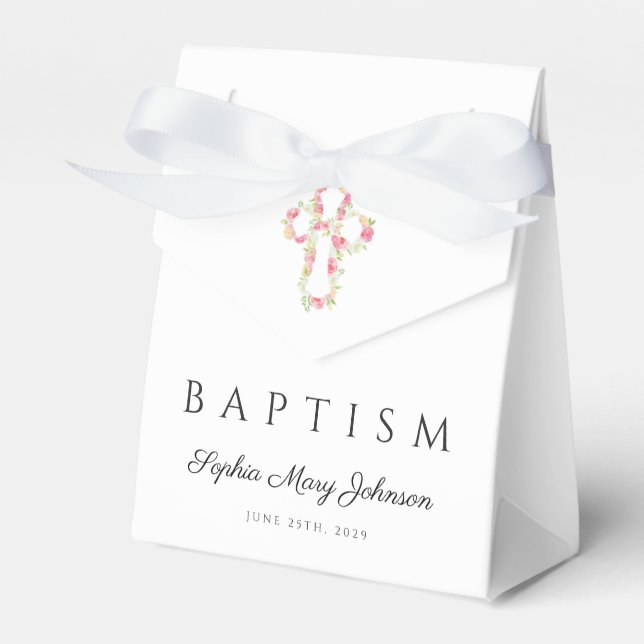 Elegant Pink Floral Cross Baptism Favor Box (Front Side)