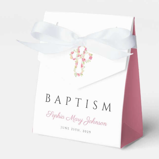 Elegant Pink Floral Cross Baptism Favor Box (Front Side)