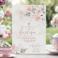Elegant Pink Floral Cross Christening Baptism