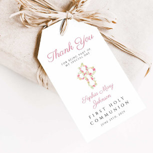 Elegant Pink Floral Cross First Communion  Gift Tags