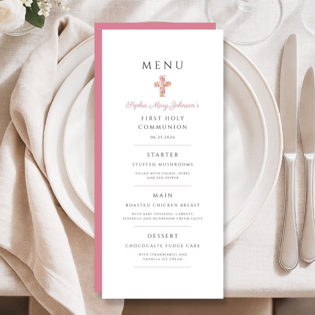 Elegant Pink Floral Cross First Communion Menu (Elegant Pink Floral Cross First Communion Menu)