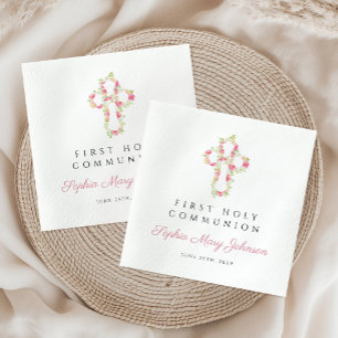 Elegant Pink Floral Cross First Communion Napkin
