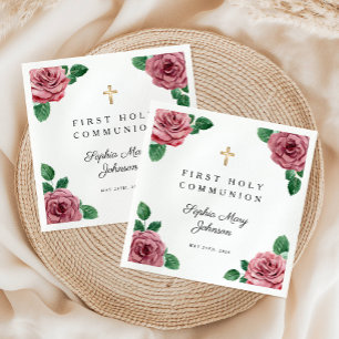 Elegant Pink Floral Cross First Communion Napkin