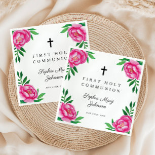 Elegant Pink Floral Cross First Communion Napkin