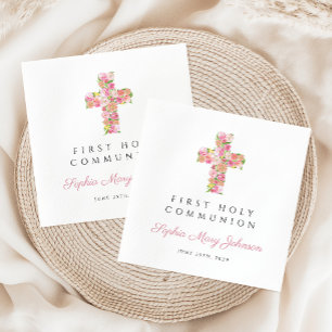 Elegant Pink Floral Cross First Communion Napkin