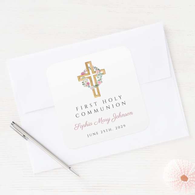 Elegant Pink Floral Cross First Communion Square Sticker (Envelope)