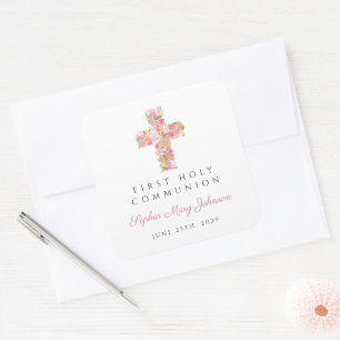 Elegant Pink Floral Cross First Communion Square Sticker