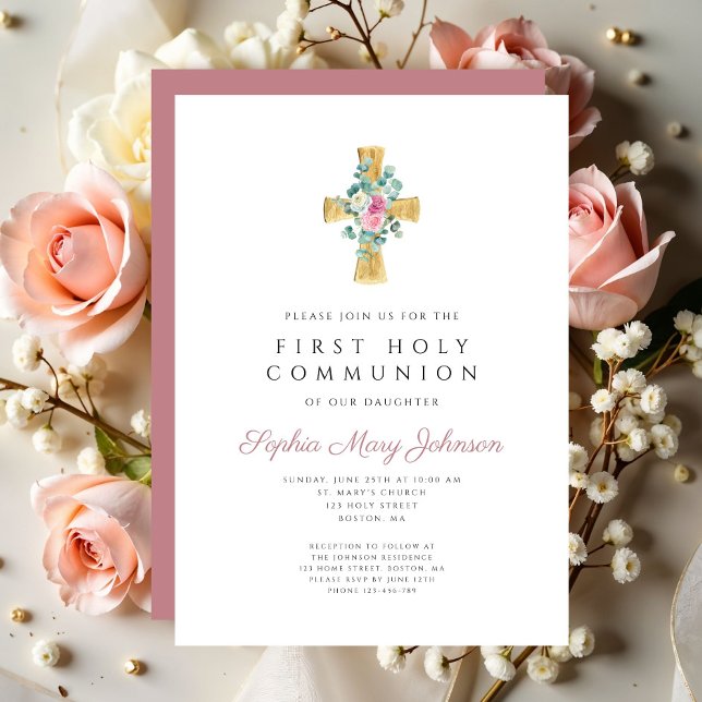 Elegant Pink Floral Cross First Holy Communion Invitation (Elegant Pink Floral Cross First Holy Communion Invitation)