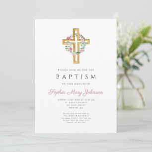Elegant Pink Floral Cross Floral Baptism Invitation