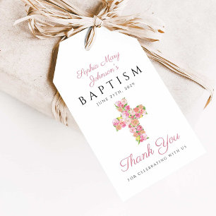 Elegant Pink Floral Cross Religious Baptism Gift Tags