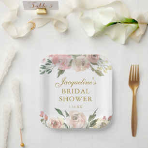 Elegant Pink Floral Custom Gold Bridal Shower Paper Plate