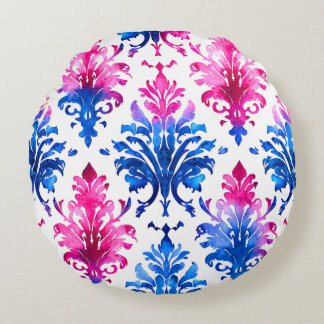 Elegant Pink Floral Damask Pattern Round Pillow