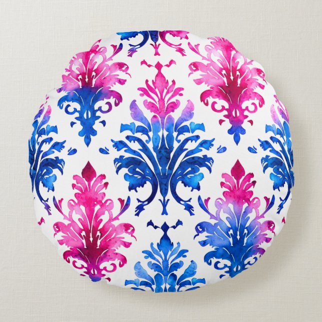 Elegant Pink Floral Damask Pattern Round Pillow (Front)
