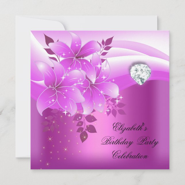 Elegant Pink Floral Diamond Birthday Party Invitation (Front)