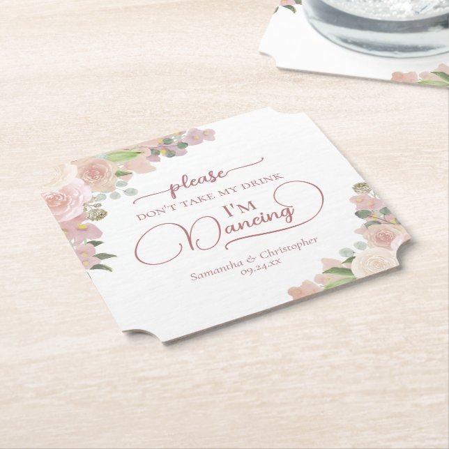 Elegant Pink Floral Don't Take My Drink Wedding Paper Coaster (Angled)
