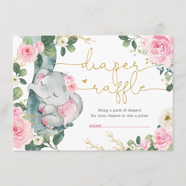 Elegant Pink Floral Elephant Shower Diaper Raffle Enclosure Card (Front)