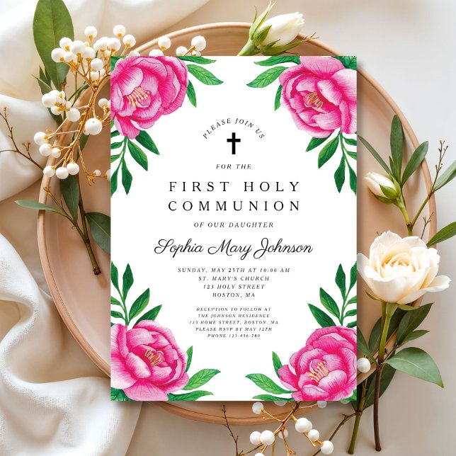 Elegant Pink Floral First Communion Invitation (Elegant Pink Floral First Communion Invitation)